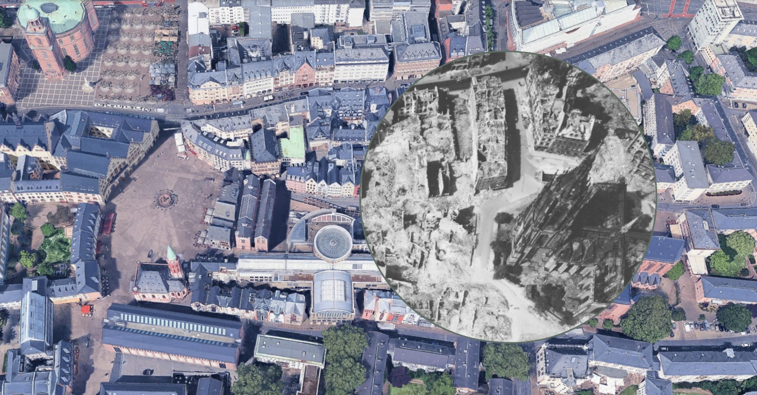 „Luftaufnahme einer Stadt mit einer modernen Satellitenkarte, in die ein historisches Schwarz-Weiß-Luftbild eingeblendet ist. Die Überlagerung zeigt denselben Ort in Kriegszeiten und verdeutlicht den zeitlichen Wandel.