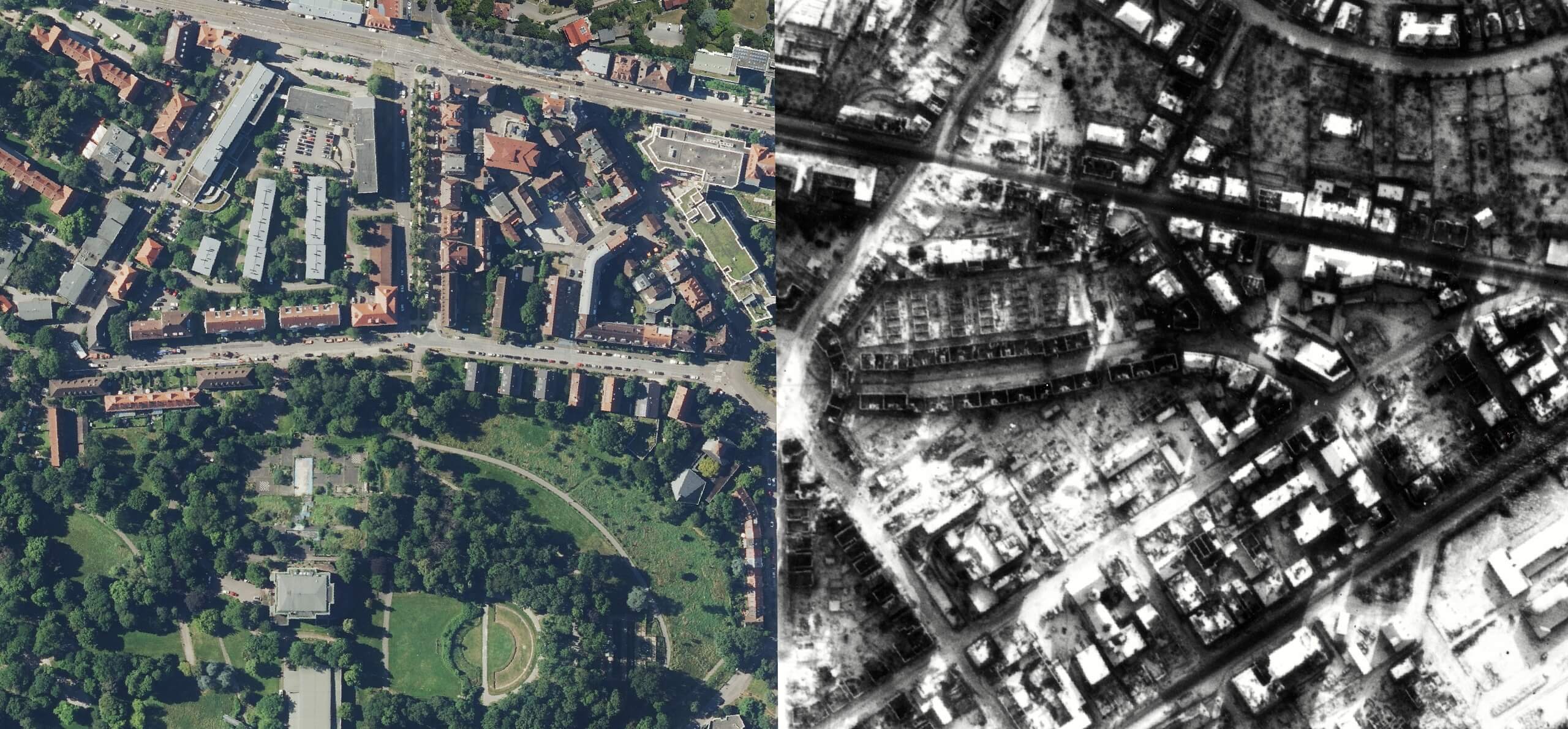 luftbildauswertung-Stuttgart_Schaubild-scaled-1 Vergleich zweier Luftaufnahmen derselben Stadt: links eine farbige aktuelle Aufnahme mit Gebäuden und Grünflächen, rechts ein historisches Schwarz-Weiß-Bild mit stark zerstörter Bebauung.